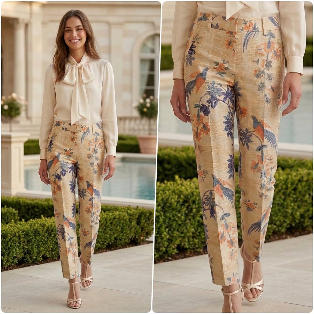 🌸 Tory Burch Harp Bird Floral Jacquard Slim Straight Leg Trousers Pants Size 0